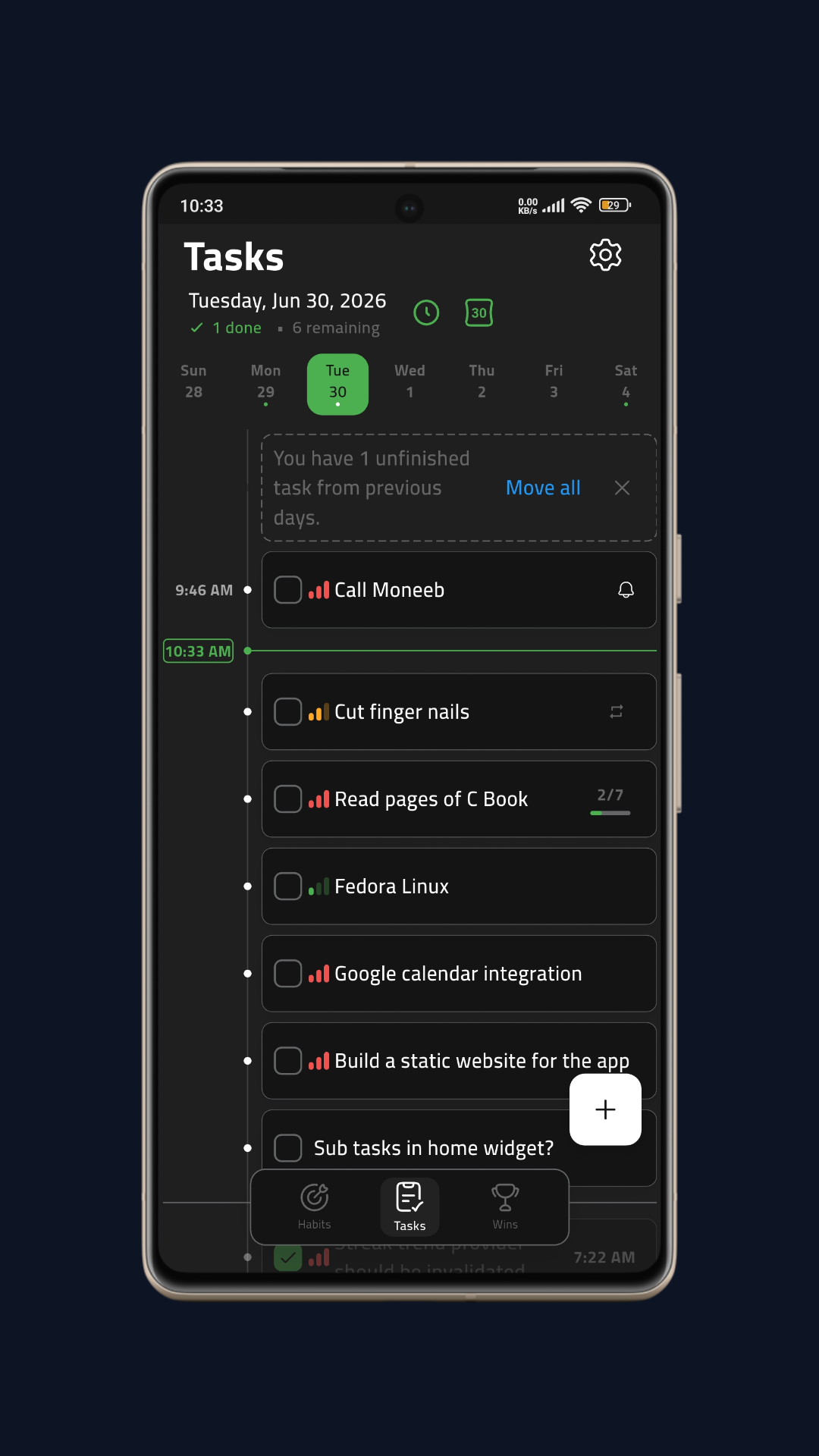 Daily task planner with timeline